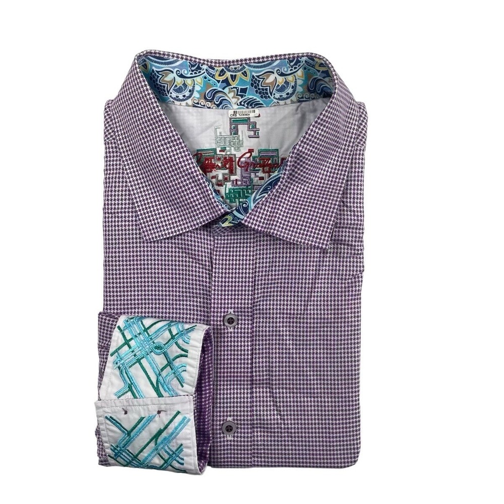 Robert Graham Mens Purple White Pattern Embroidered Flip Cuff Shirt 2XL XXL